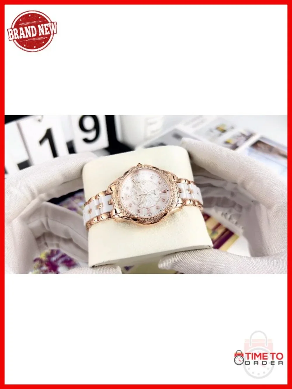 Luxury Ceramic Watch Diamond Rose Gold Dial Quartz Dress Watch Water Resistant